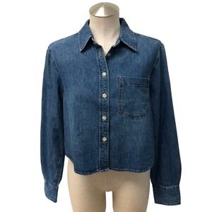 Denim Forum Button Down Shirt Womens XS Blue Cotton Hemp Cropped Long Sleeve